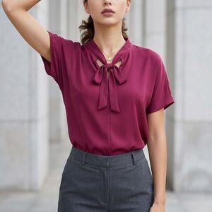 Verdusa Womens Tie Neck Short Sleeve Blouse Burgundy Wine Red Chiffon Top Size M